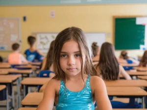 A teenage girl sitting in front of me viibrant swimsuit, middle...