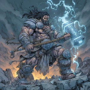 Full-body portrait of a mythic thunder warrior with muscular bui...