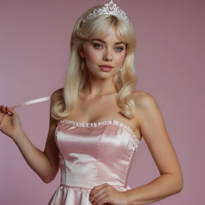 Elsa (adult, 18+), playful mod glamour. Blonde hair backcombed w...