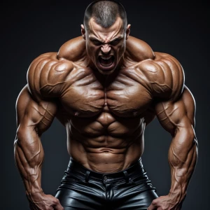 The image depicts a close-up portrait of a shirtless male figure...