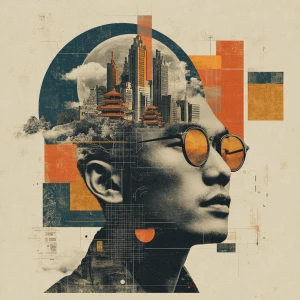 A surreal digital collage portrait of an East Asian man with gla...