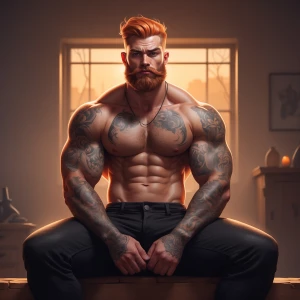 The image features a shirtless man with a muscular and beefy bui...