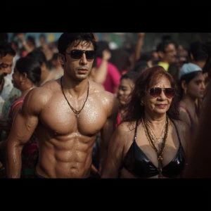 Hyperealism,a muscular beefy kashmiri son in law walking ,with h...