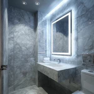 Create an image of a stylish, compact modern bathroom with grey...