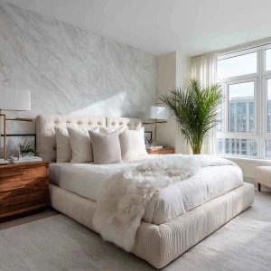 Ultra-realistic photograph of a spa-like luxury bedroom, wide sh...