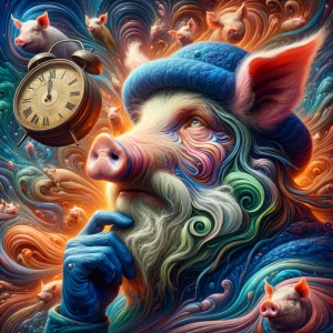 A close-up photo of a pigs face, in a surrealistic style. His ha...