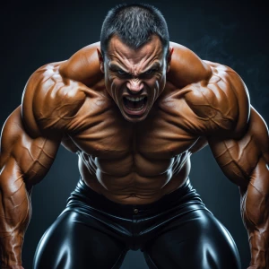 The image depicts a close-up portrait of a shirtless male figure...