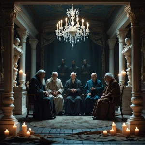 An ivory-adorned room, where family elders murmur against a dark...