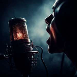 Create a dramatic movie trailer voiceover with a deep, powerful...