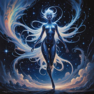 In the center of the canvas floats an ethereal void voyager, exu...