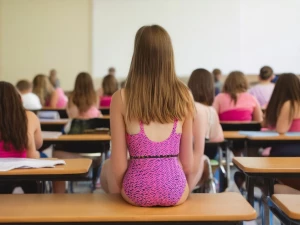 A teenage girl sitting in front of me viibrant swimsuit, middle...