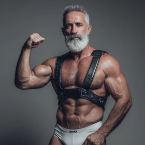 A muscular, mature man with a thick gray beard poses confidently...