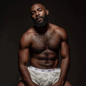 Generate an image of a confident, white muscular black-gray man...