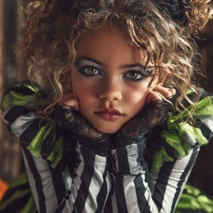 Generate a detailed image of a girl in a Halloween-inspired outf...