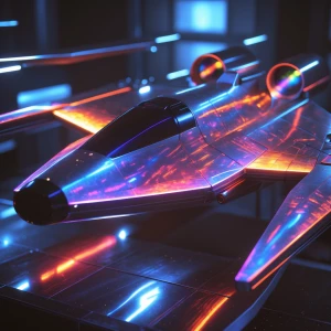 In the ethereal glow of a luminescent holographic starfighter, i...