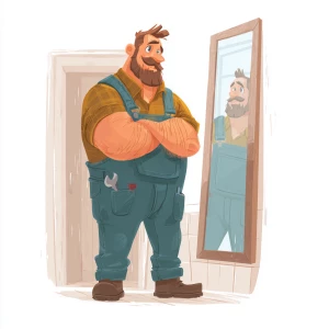 Create an image of a strong and hairy handyman standing in front...