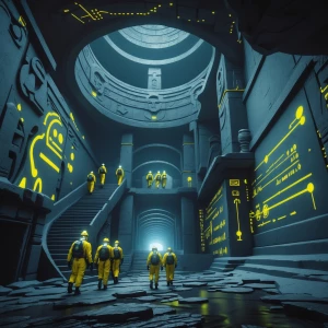 "Highly detailed cinematic footage of a team of explorers wearin...