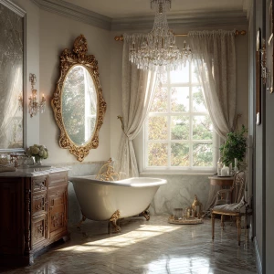Generate a realistic image of a spacious classic bathroom featur...