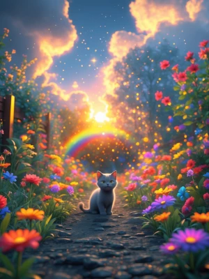 Wide shot of the grey garden turning into a glowing colorful par...