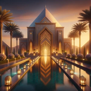 Visualize the front view of an opulent mansion entrance: Picture...