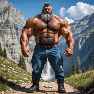 Make a man with gray-black hair and beard bodybuilder big arms a...