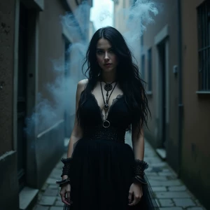 In the center of a shadowy, moonlit alleyway stands a glam-goth...