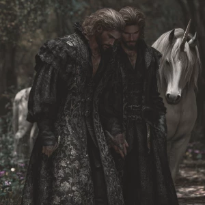 In a moonlit forest bathed in enchantment, men of strength and g...