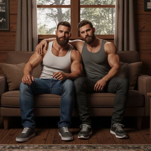 Two muscular men, John and Bobby, both with beards, displaying a...