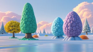 Create a 3D minimalist Stone Age forest clearing, part of a cohe...