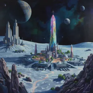 In the heart of a post-modern arcane lunar colony, a towering cr...