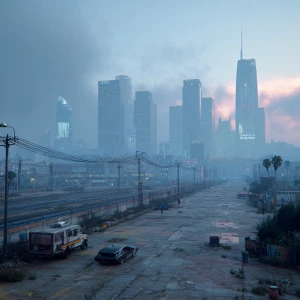 Generate an image of a vacant urban lot set in a futuristic land...