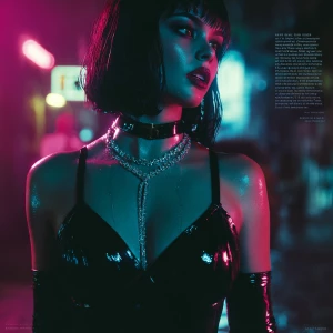 “Neon noir femme-fatale aesthetic, cinematic lighting, glossy bl...