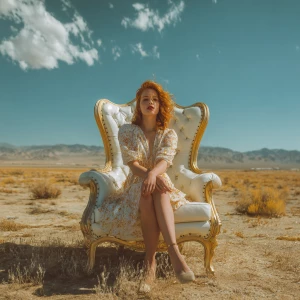 Redhead model sitting on a luxury chair in the desert