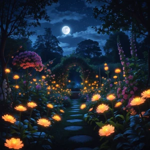 Dream garden under moonlight, glowing flowers
