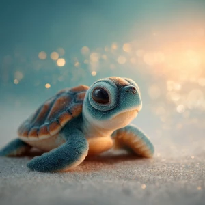 A baby sea turtle named Coco is peacefully sitting on a sandy be...