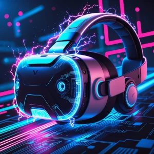 An electrifying vivacious VR headset, pulsating with neon lights...