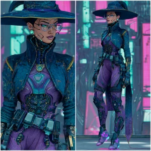 Create an image of a cyberpunk-style witch with futuristic cloth...