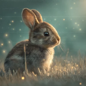 “ultra-realistic baby rabbit sitting in soft meadow grass, warm...