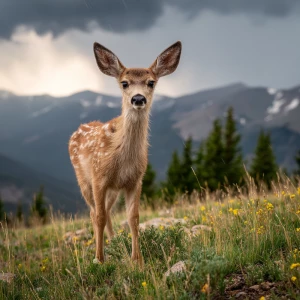 Baby fawn in alpine meadow looking alert, ears raised, wind push...