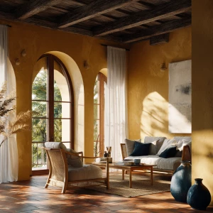 Create a Mediterranean living room interior with ochre yellow wa...