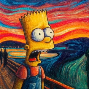 Bart Simpsons set against a classical impressionist landscape, s...