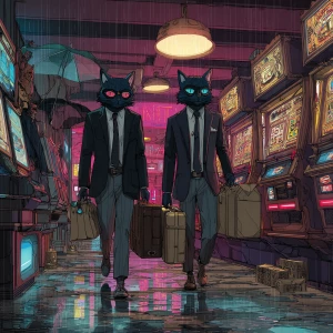 Humanoid cats that look like humans and walk on two legs, dresse...