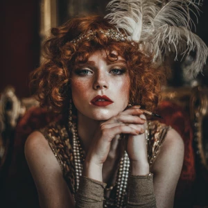 A redhead supermodel dressed in 1920s clothes high end luxury si...