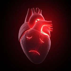 sad tired glowing human heart with gentle emotional face, soft r...