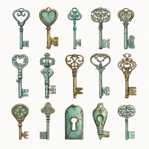 Create a transparent PNG clipart set of 16 separate elements (ea...