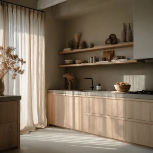 “Japandi kitchen with beige oak cabinets, minimal hardware, micr...