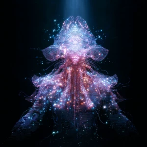 A virtually transcendent virtual AI deity, glowing with ethereal...