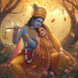 A divine, vibrant digital painting of Lord Krishna and Radha in...
