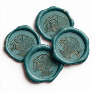 Prompt: Teal/duck-egg wax seals with pressed stylized ocelli emb...