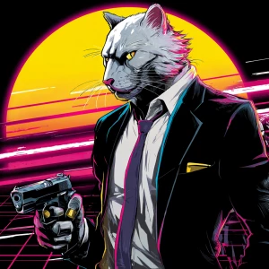 A humanoid cat character with sleek, silver fur, dressed in a st...